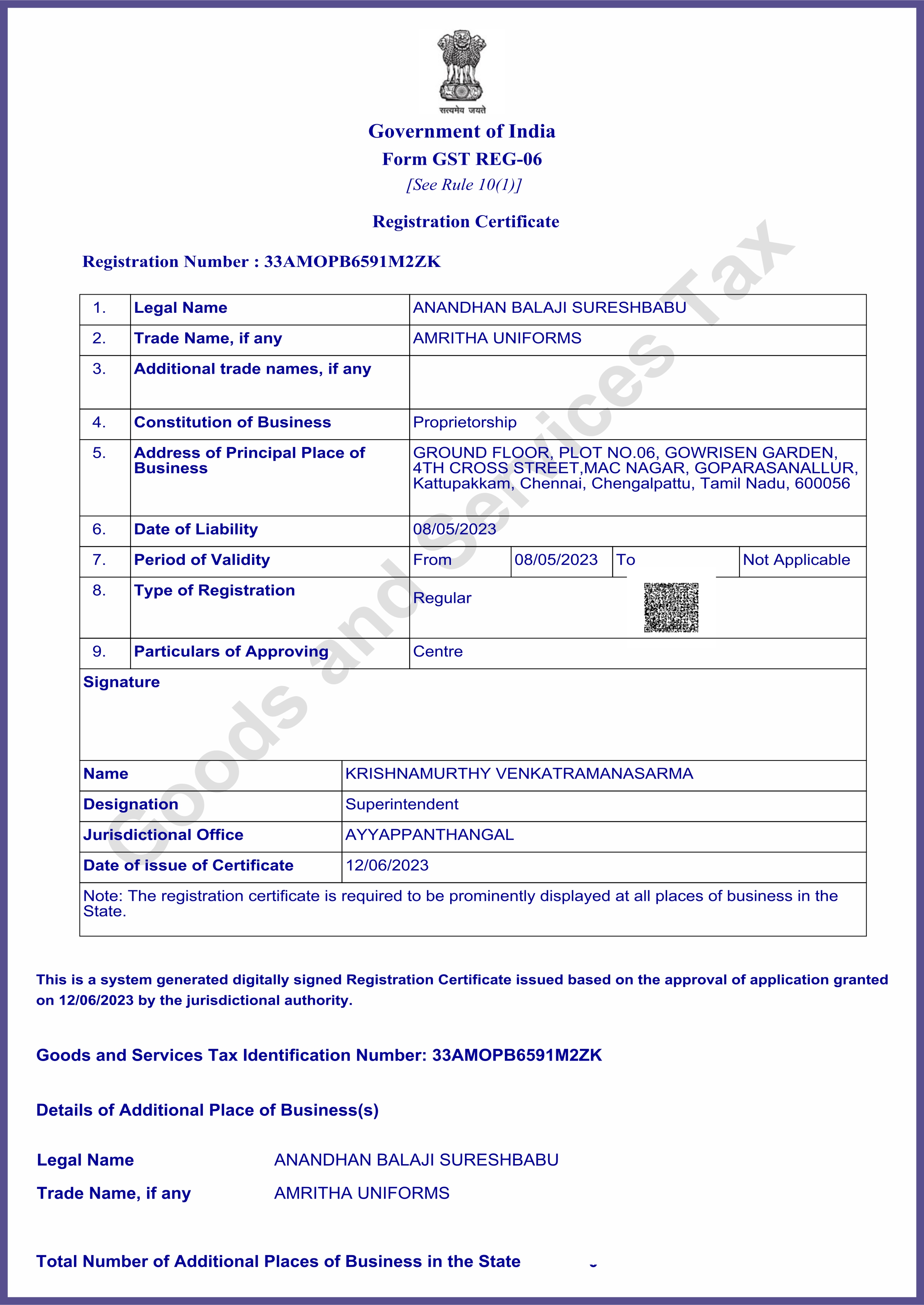 AMRITHA UNIFORMS GST Certificate